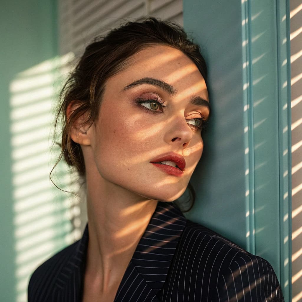 AI generated: Close-up portrait of a woman illuminated by soft, warm afternoon light streaming through window blin...