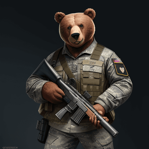 AI generated: Courageous greazly bear in full heart military uniform, holding a shotgun, anthropomorphic, super de...