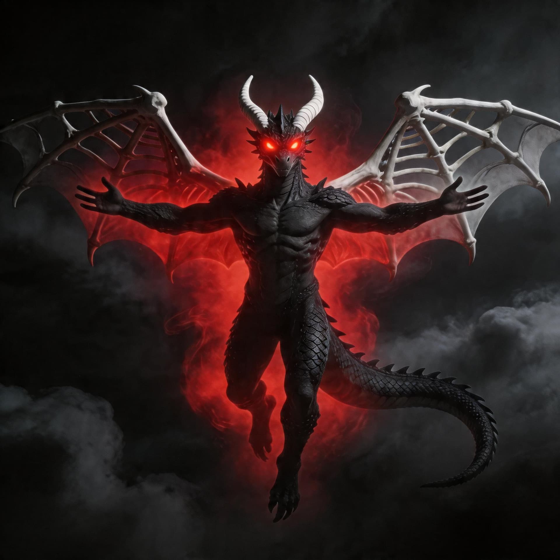 AI generated: change the glowing eyes to red and the teal aura surrounding him to red as well and change the backg...
