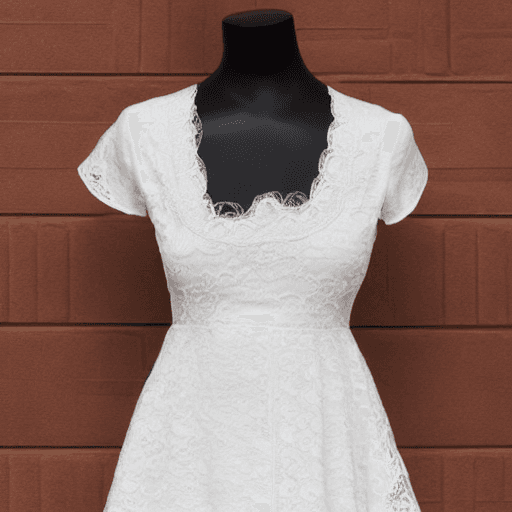 AI generated: center front display photo of a white dress with black lace trimming, show all, center display, fron...