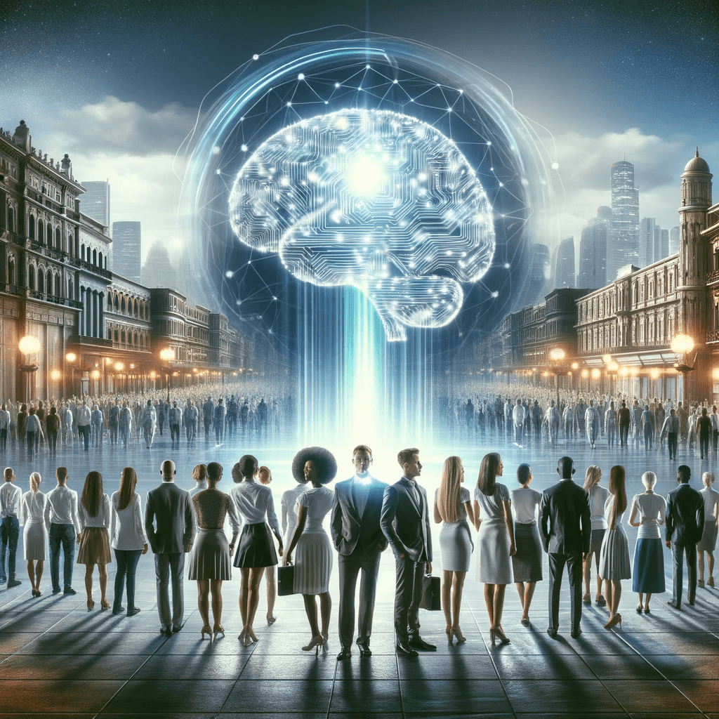 AI generated: A conceptual, symbolic image representing human success in the AI era. It features a diverse group o...