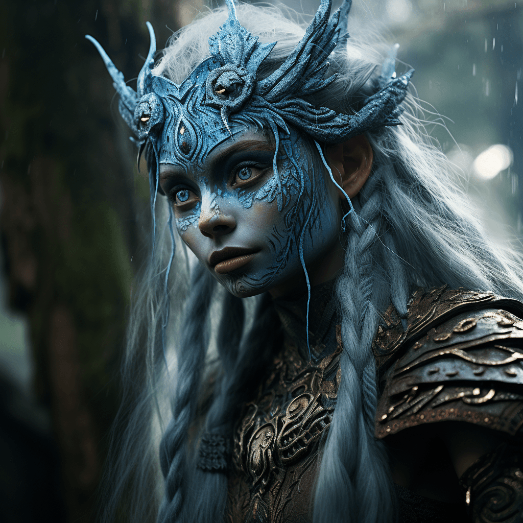 AI generated: a young woman dressed as an elf in mystical blue paint, in the style of zeen chin, 32k uhd, cultural...