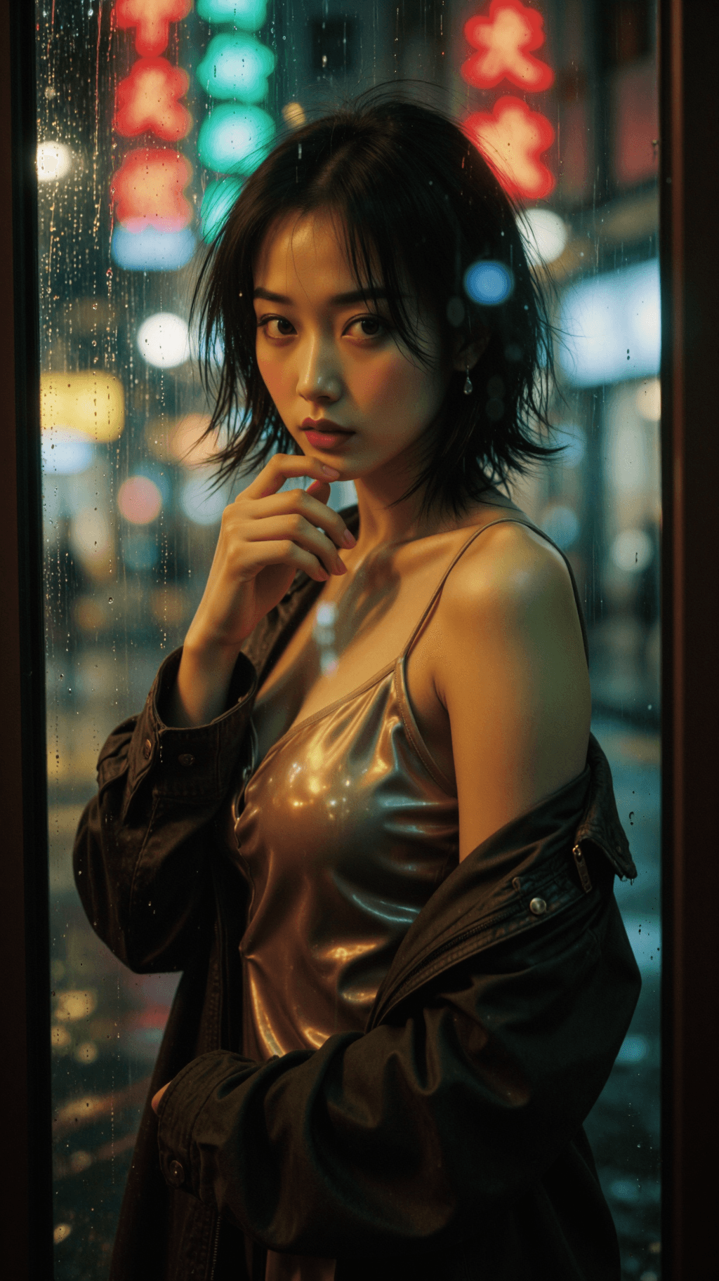 AI generated: A highly-detailed, photorealistic, cinematic medium shot of a mysterious young East Asian woman stan...