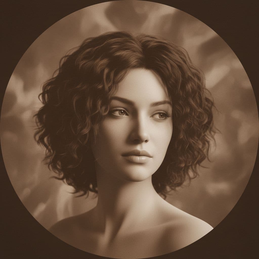 AI generated: a model with curly black hair, in the style of daz3d, close-up, hazy, wavy, brown, tondo, ferrania p...