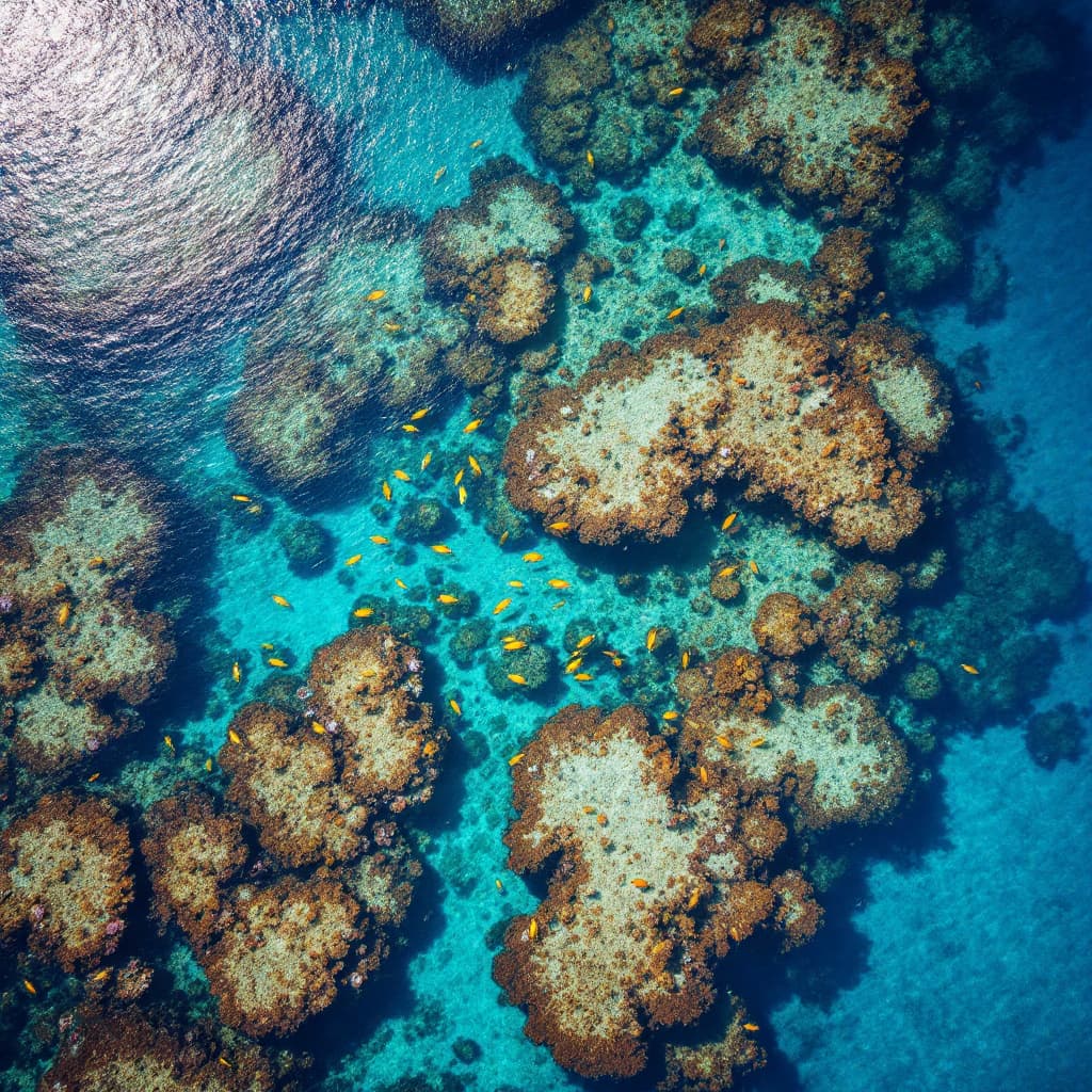 AI generated: “A drone photo from directly above a coral reef in clear blue ocean waters, with colorful fish visib...