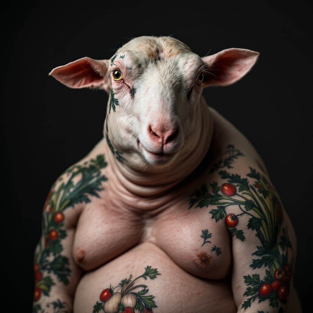 AI generated: photo close up, studio portrait, hairless, shaved, no hair , bald shaved big fat lamb tattooed with ...
