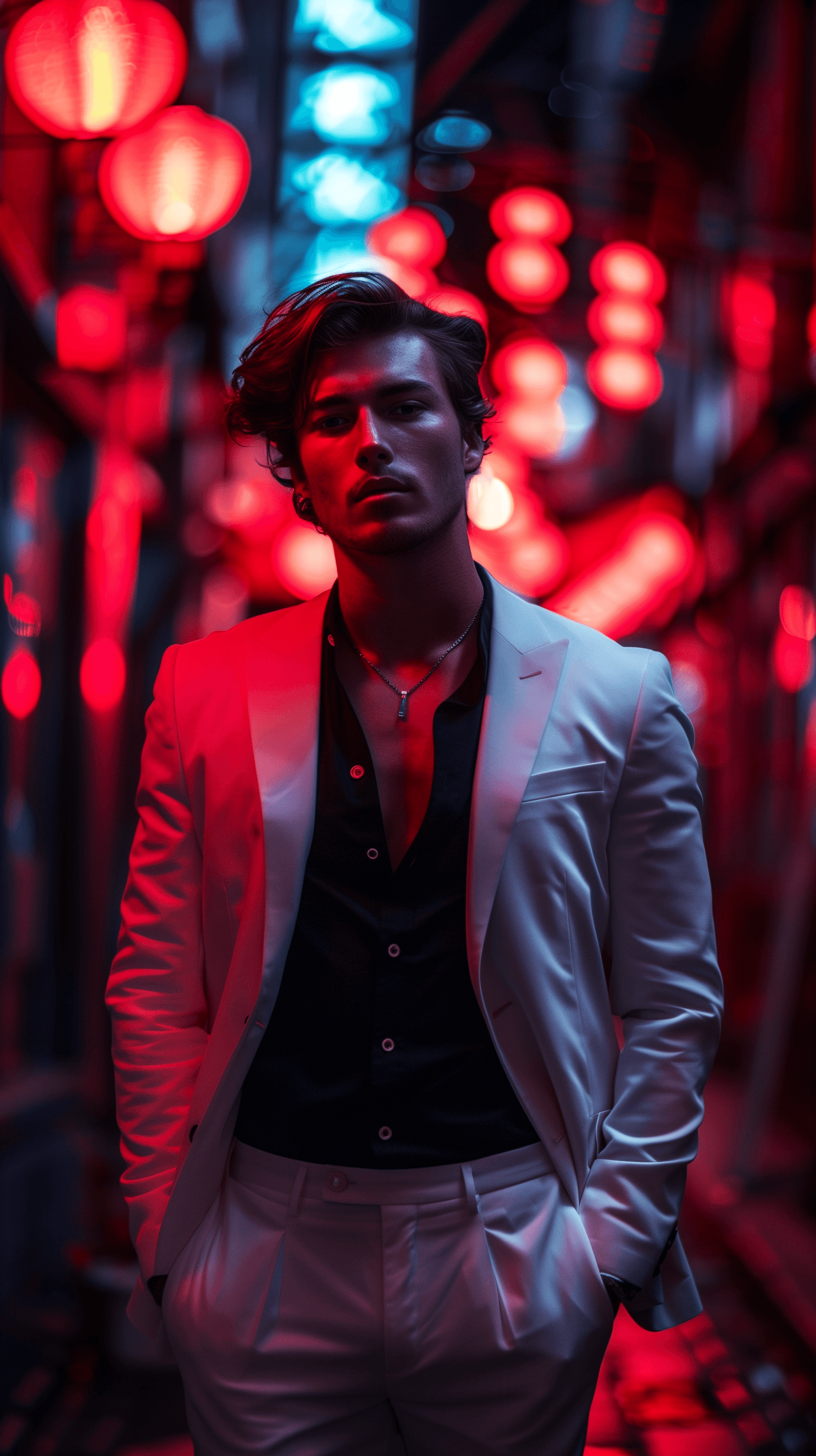 AI generated: photography, male model dressed in an white suit and black shirt, positioned amidst a vibrant night ...