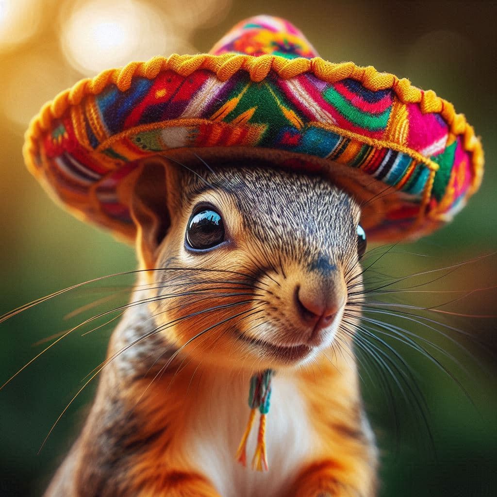 AI generated: Stunning National Geographic-style photographic portrait of a curious squirrel wearing a colorful, t...