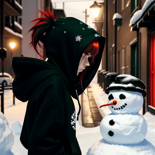 AI generated: side view beautiful emo girl in black hoodie with red highlights in hair. green eyes looking down at...