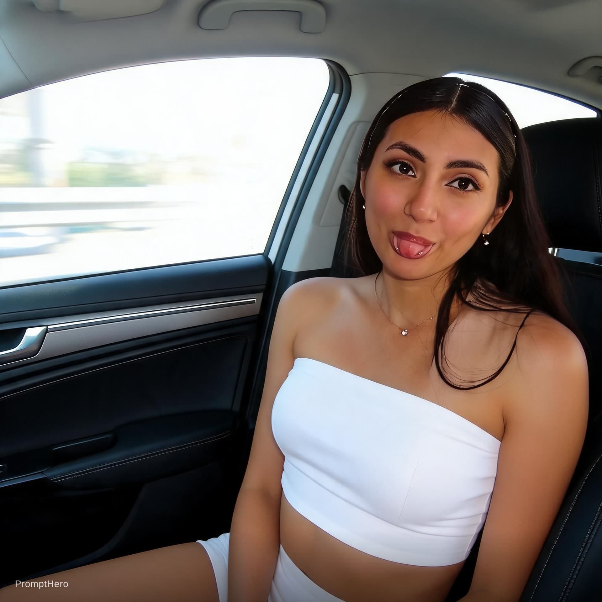 AI generated: Shes wearing a short tube top sitting in a car