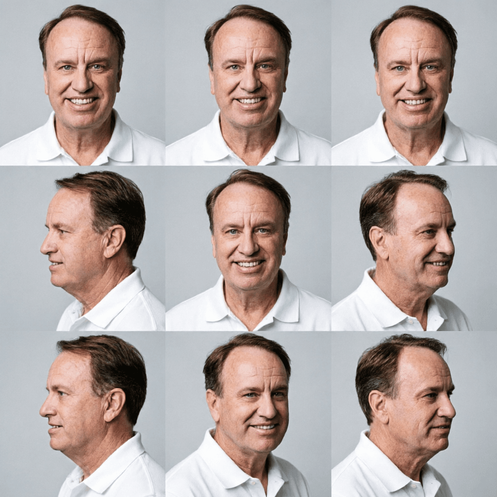 AI generated: remove old background and shirt first and then create a visual study of 9 images, each where the cha...