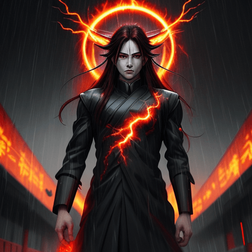 AI generated: anime::2, young god, Boss, in a rainstorm, thunders in background, scary, 4k, insane, red eyes, flam...