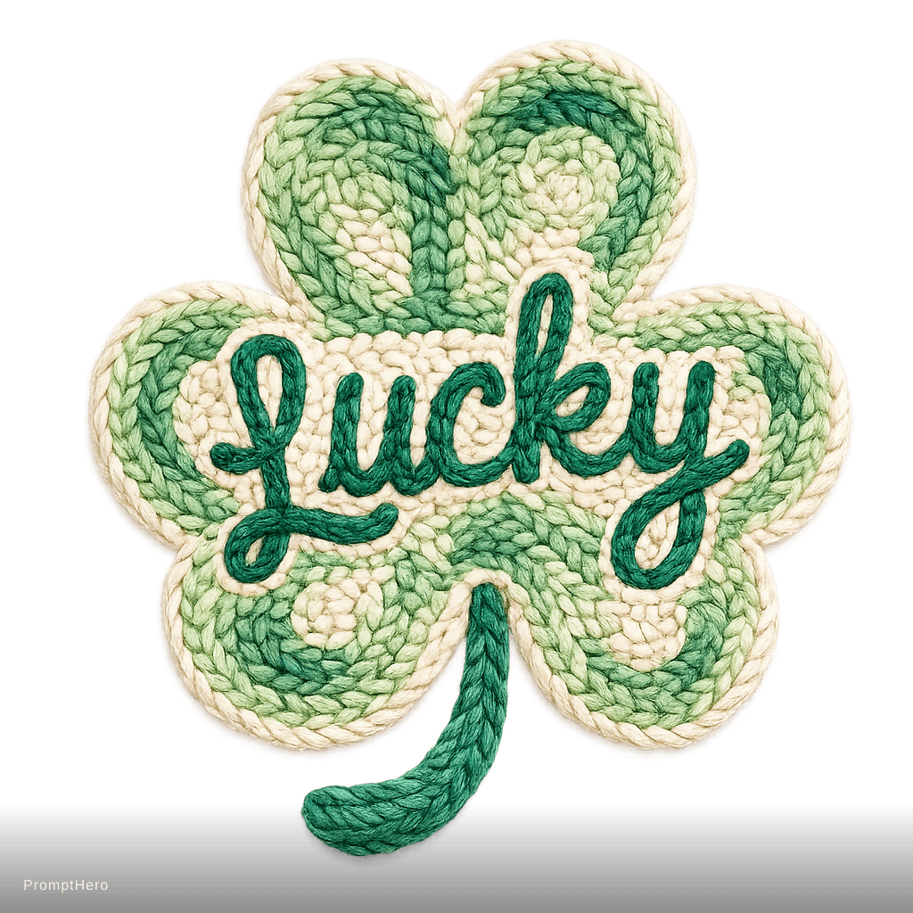 AI generated: handmade crochet four leaf clover patch with slightly elongated teardrop shaped leaves, textured yar...