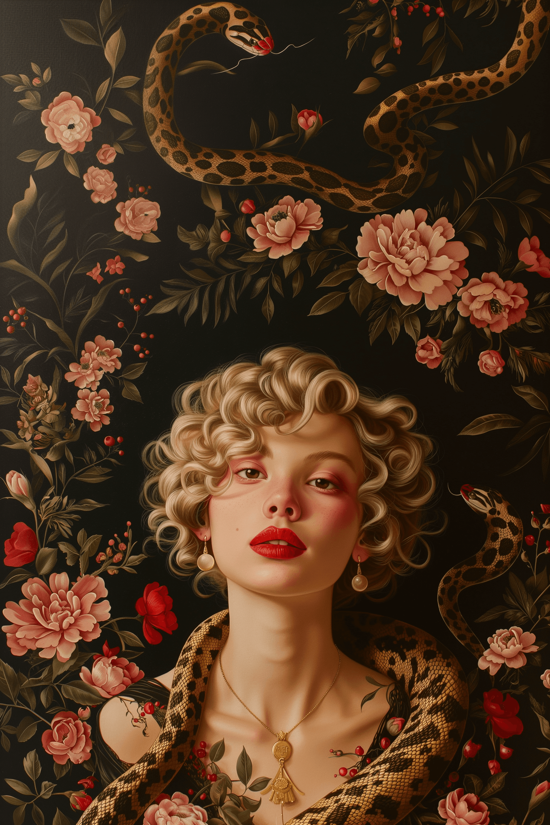 AI generated: A portrait of an androgynous woman with pale skin, short curly blonde hair and red lipstick, wrapped...