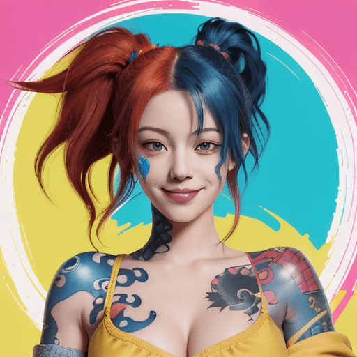 AI generated: Animestyle illustration of a female character with red and blue hair, wearing colorful tattoos on he...