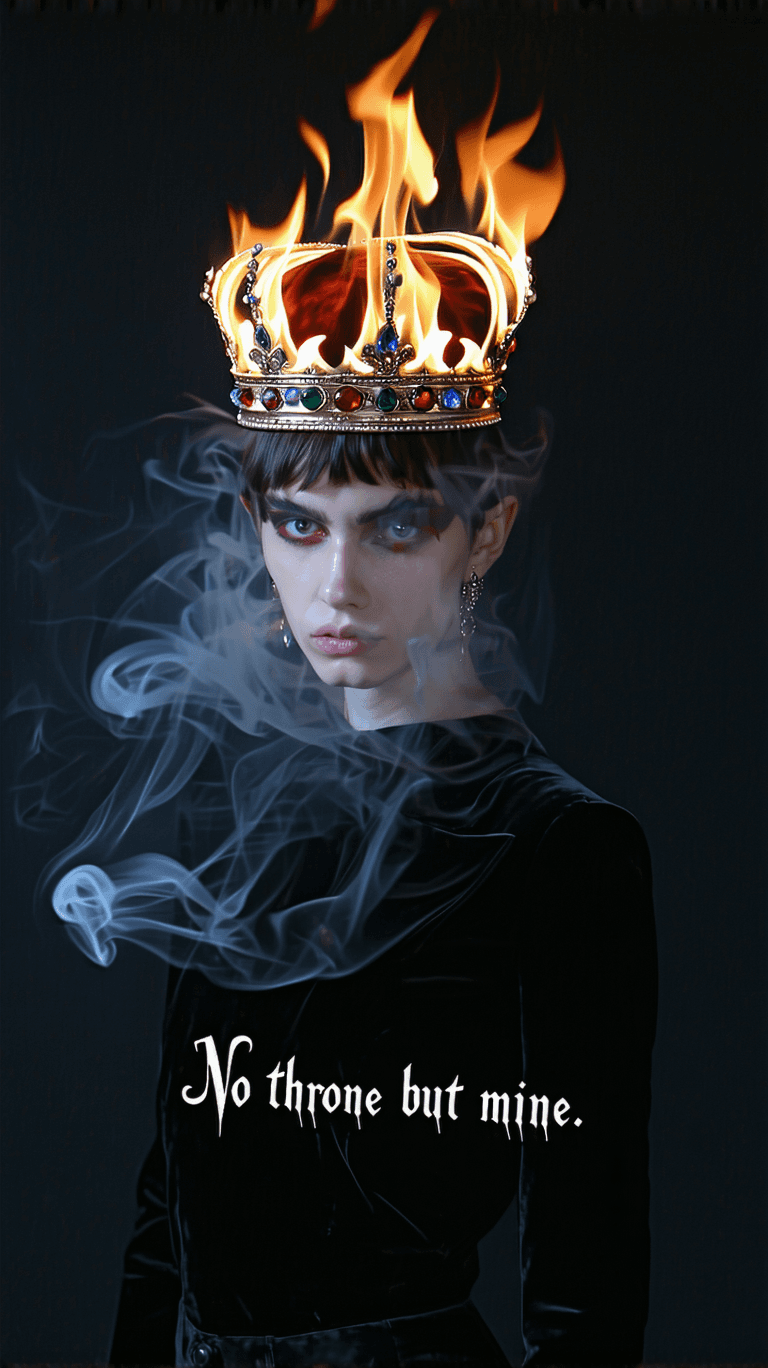 AI generated: flaming gothic tiara atop black velvet, calligraphy “No throne but mine” rising from smoke