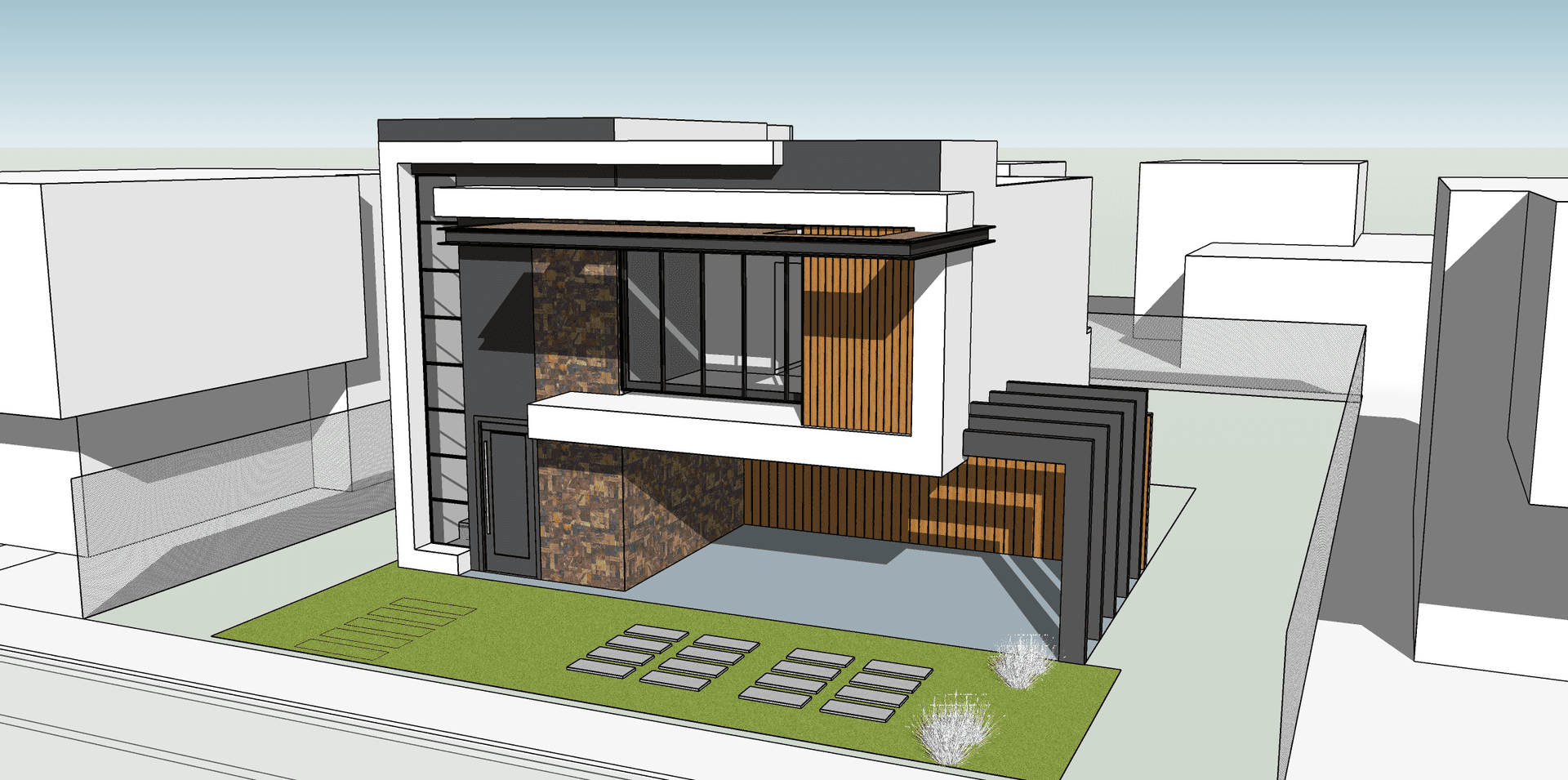 AI generated: modern house with structurally floating overhangs. house with glass windows and low stone walls, aus...