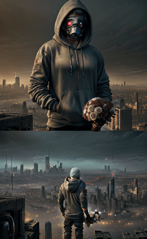 AI generated: post-apocalyptic panoramic cityscape with a man in a hoodie holding a bouquet of roses in one hand o...