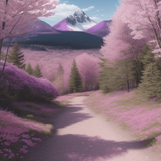 AI generated: Purple monochromatic moutains, trees with pink flowers and pink leaves, few leaves and floweres on t...