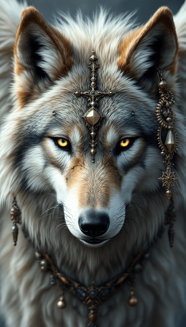 AI generated: Face of a angel wolf, many accessories, detailled, face