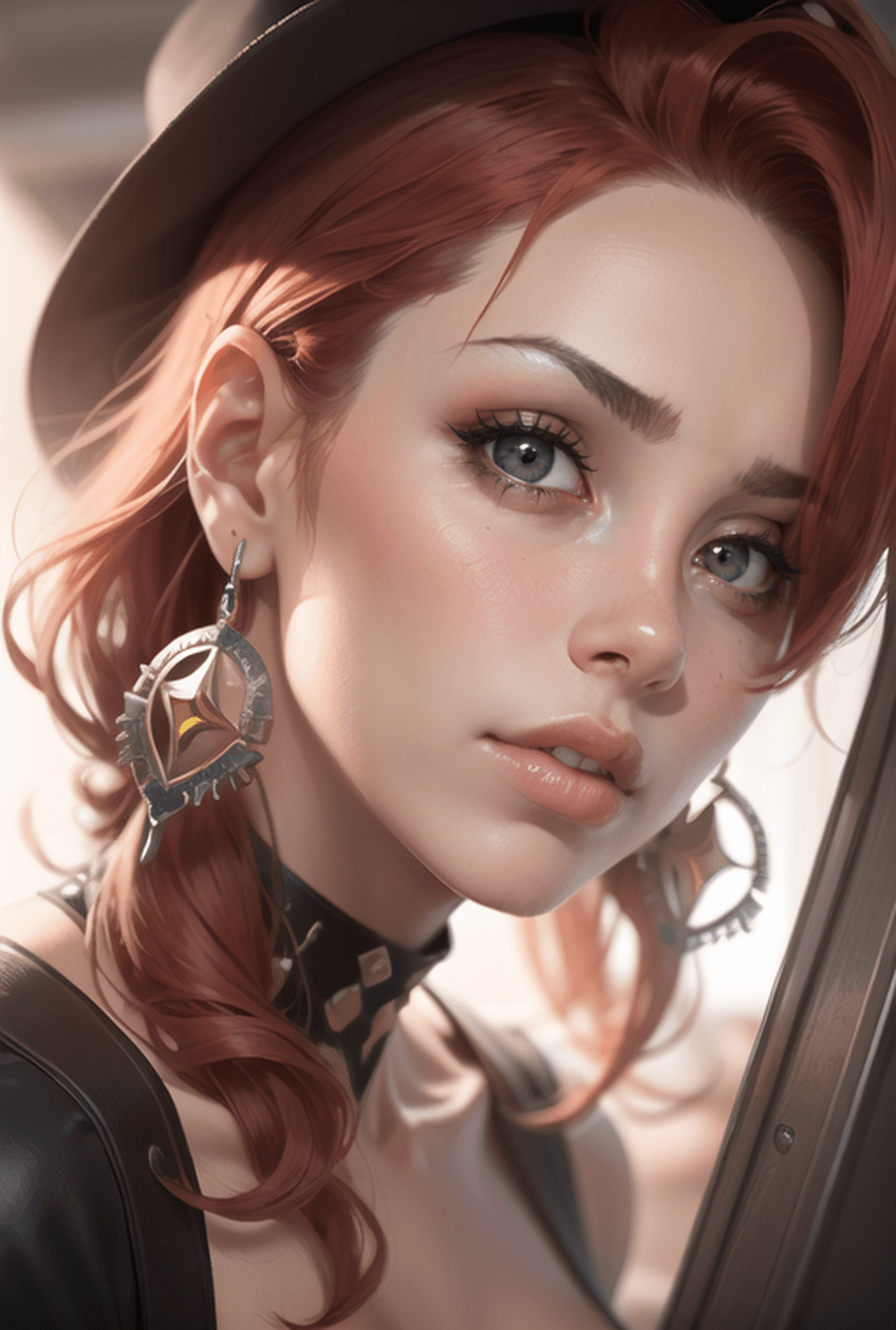 AI generated: close-up,1girl, pout, (pouty lips),earrings, face, jewelry, looking at viewer, lying, on back, photo...