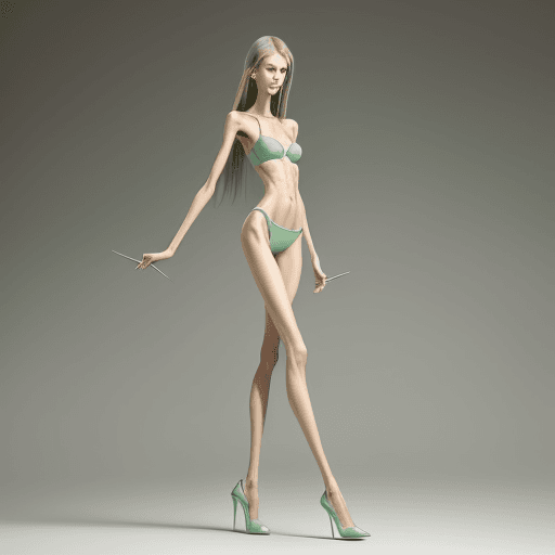 AI generated: photo of an extremely skinny, flat-chested model with extreme long and skinny legs and long feets
 i...