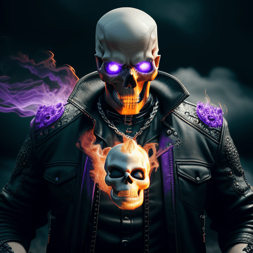 AI generated: a photo of 8k ultra realistic beautiful man GHOST RIDER HOLDING CHAIN, BURNING SKULL IN FLAMES , int...