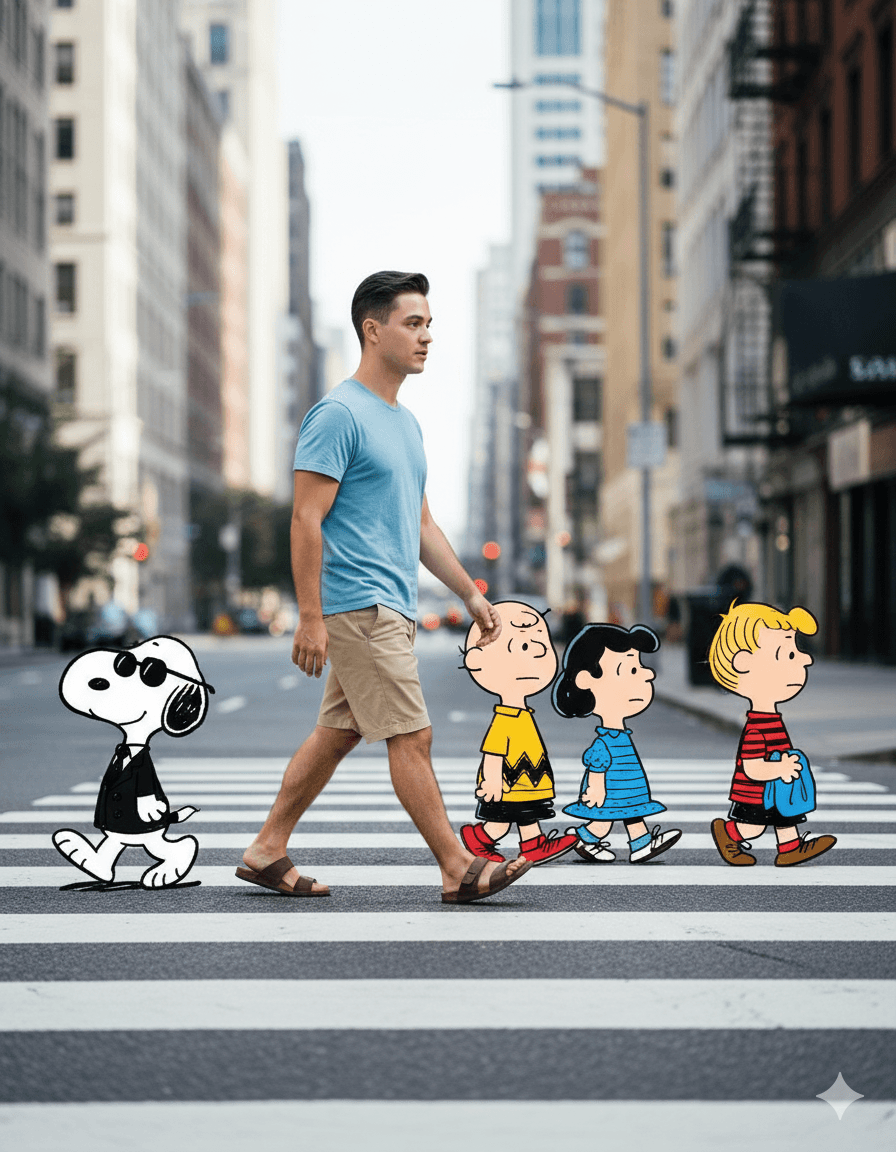 AI generated: A highly detailed cinematic composite image in the iconic style of the classic Peanuts comic strip f...