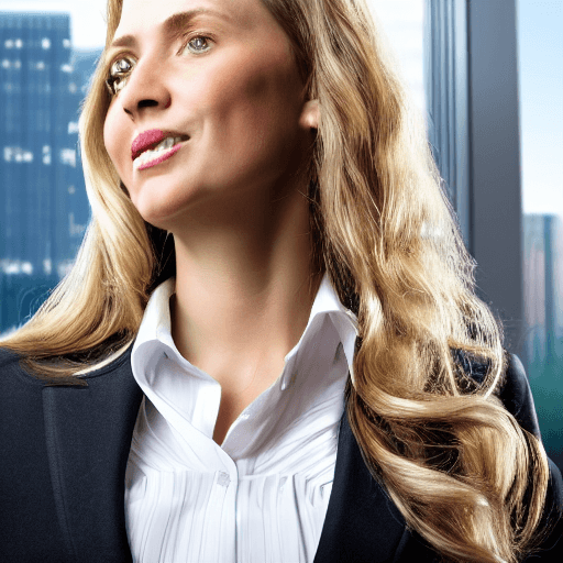 AI generated: portrait of a pretty office lady, long wavy blond hair, in office suit, detailed face, looing at the...