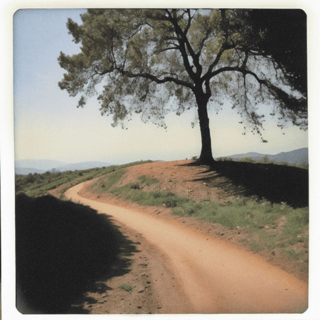 AI generated: a solitary tree situated on a gently sloping hill, a dirt path curves from the bottom right corner, ...
