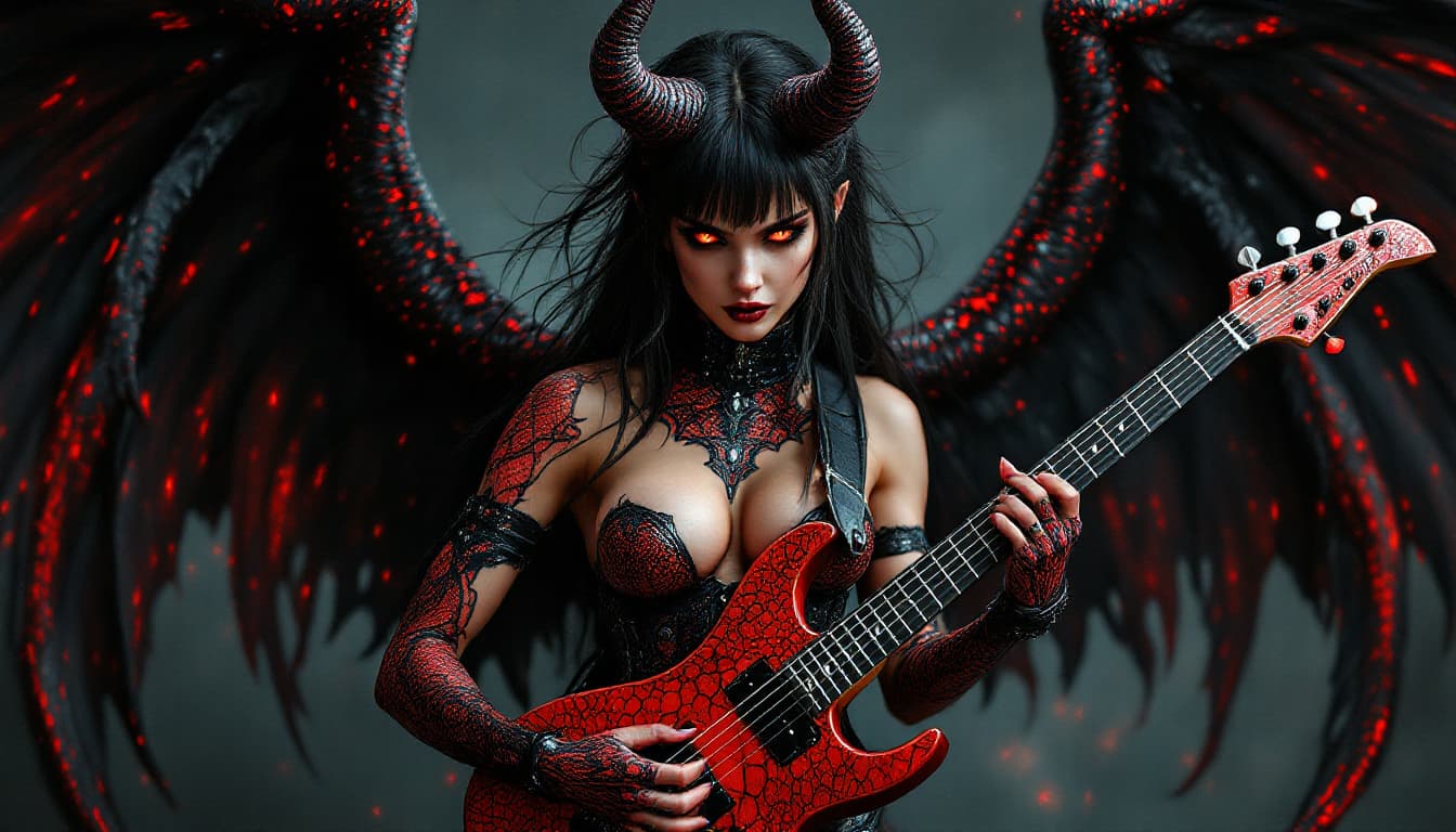 AI generated: CoverPhoto for a music magazine, A strong and athletic female angel with rippling muscles, holding a...