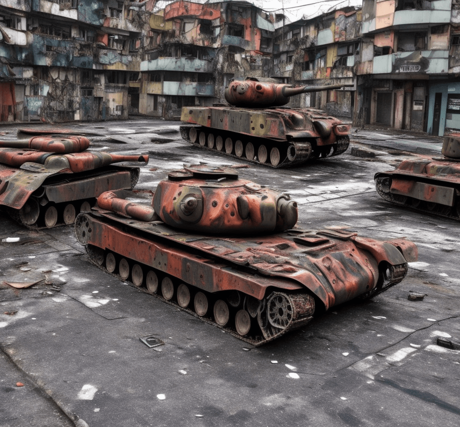 AI generated: a  lost  rusted camo  german  tank  is dead. It is lying on  the ground in the street in a  favela. ...