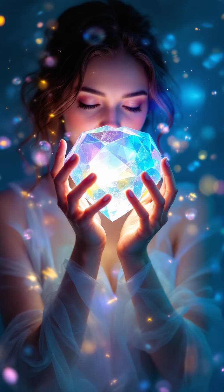 AI generated: Glass Art, Translucent Forms, Refractive Light, Ethereal, Woman Holding a Crystal Gazing, Mystical P...