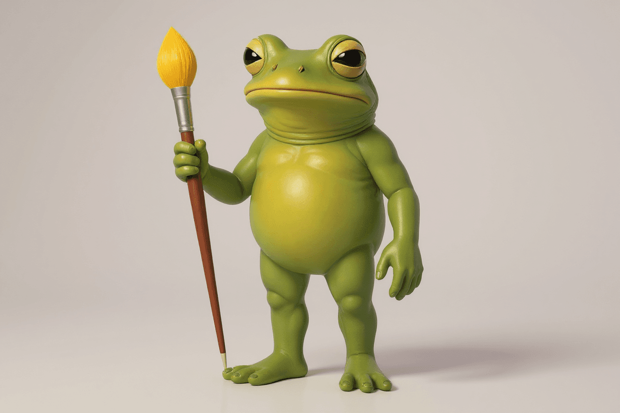 AI generated: Make a portrait of the frog with full body, retaining characteristics and styles, with the frog hold...