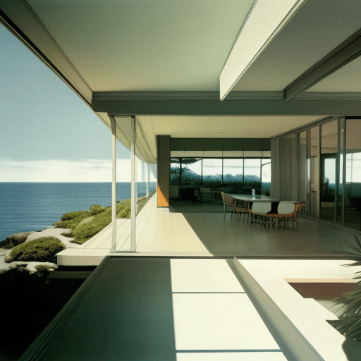 AI generated: Hyper realistic eye level exterior photo of a mid century modern style house overlooking the ocean, ...