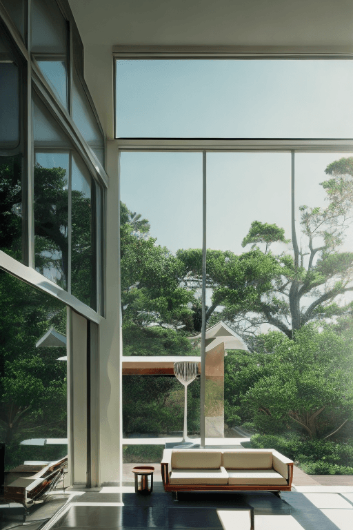 AI generated: hyper realistic eye level exterior photo of a mid century modern style house overlooking the ocean, ...