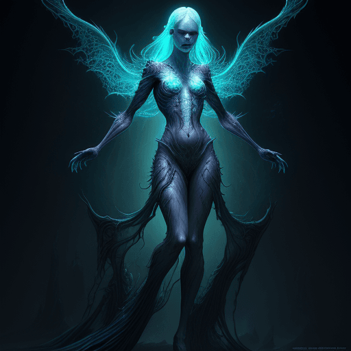 AI generated: High resolution, fantasy realism, inspired by Gerald Brom, Banshee, full body portrait, with ghostly...