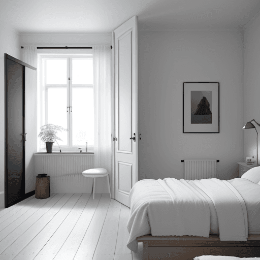 AI generated: Scandinavian bedroom interior design bedroom, square room with side 3m, double bed, workspace, wardr...