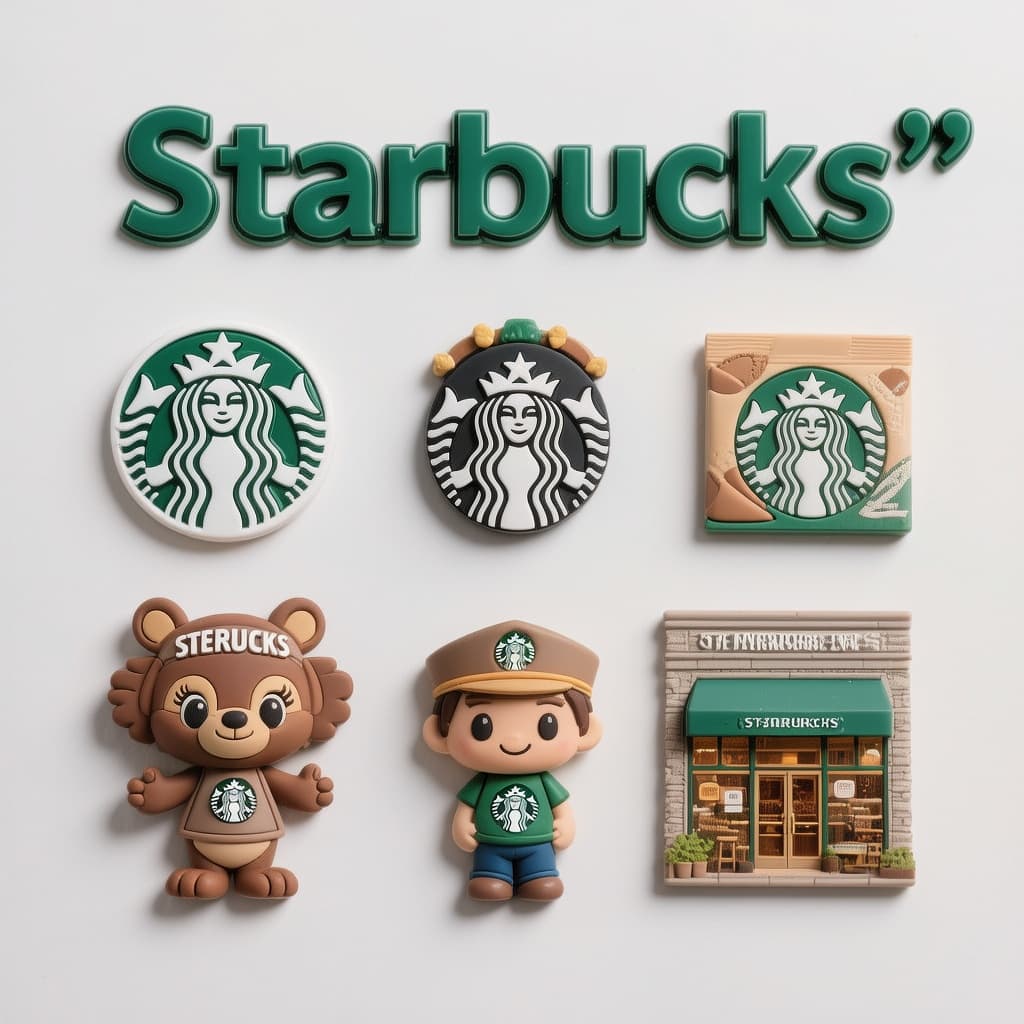 AI generated: A clean top-down flat-lay of exactly 9 hyper-realistic 3D resin fridge magnets on a pure white backg...