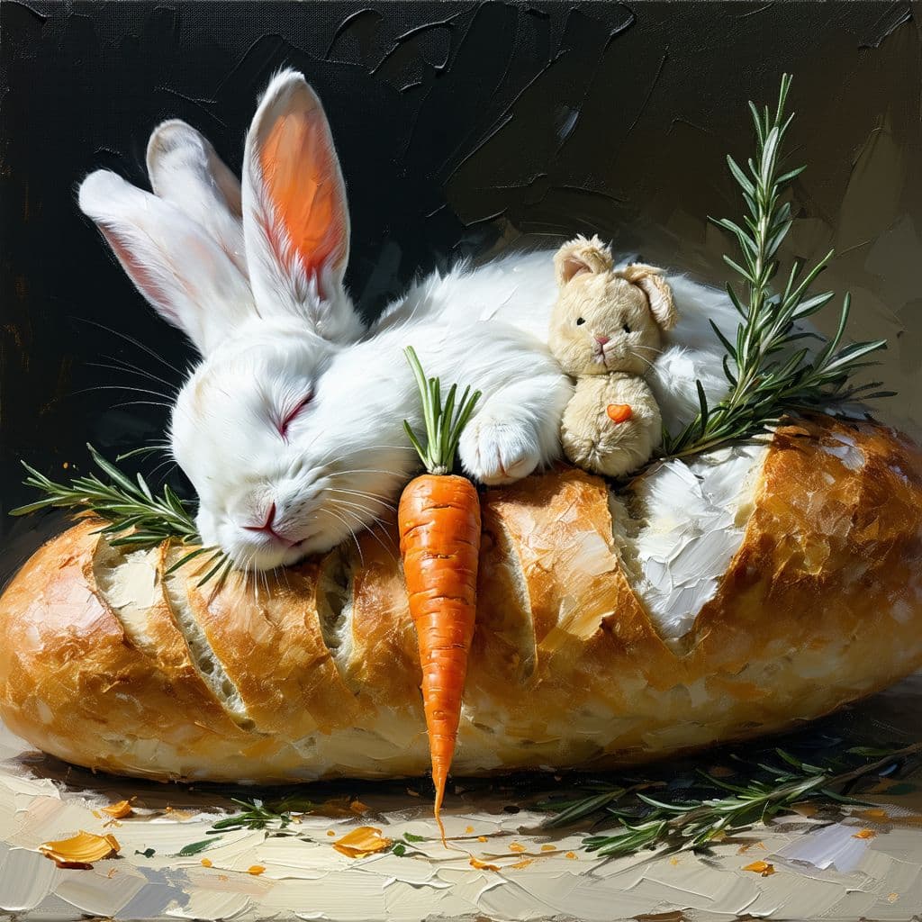 AI generated:  bunny sideway sleep (inside bread) with blanket of bread, eye closed, hugging his carrot plush doll...