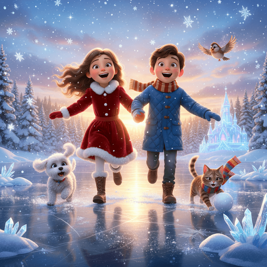 AI generated: A magical winter scene in a highly detailed, cinematic, and glossy style, made in USA animation styl...