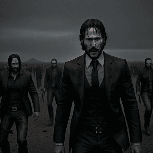 AI generated: Rick Grimes, John Wick, partners, friends, have weapons, are fighting against zombies with weapons, ...