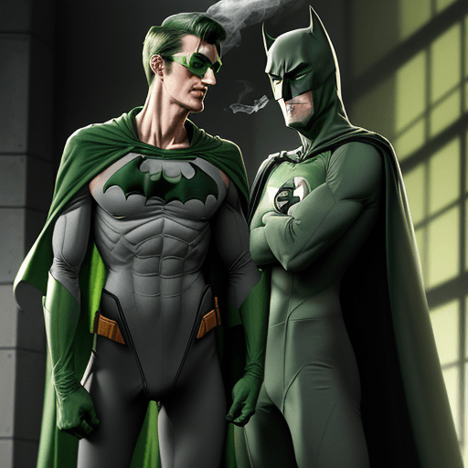 AI generated: we are seeing a lanky tall guy, in grey superhero tights suit, with green gloves and boots and green...