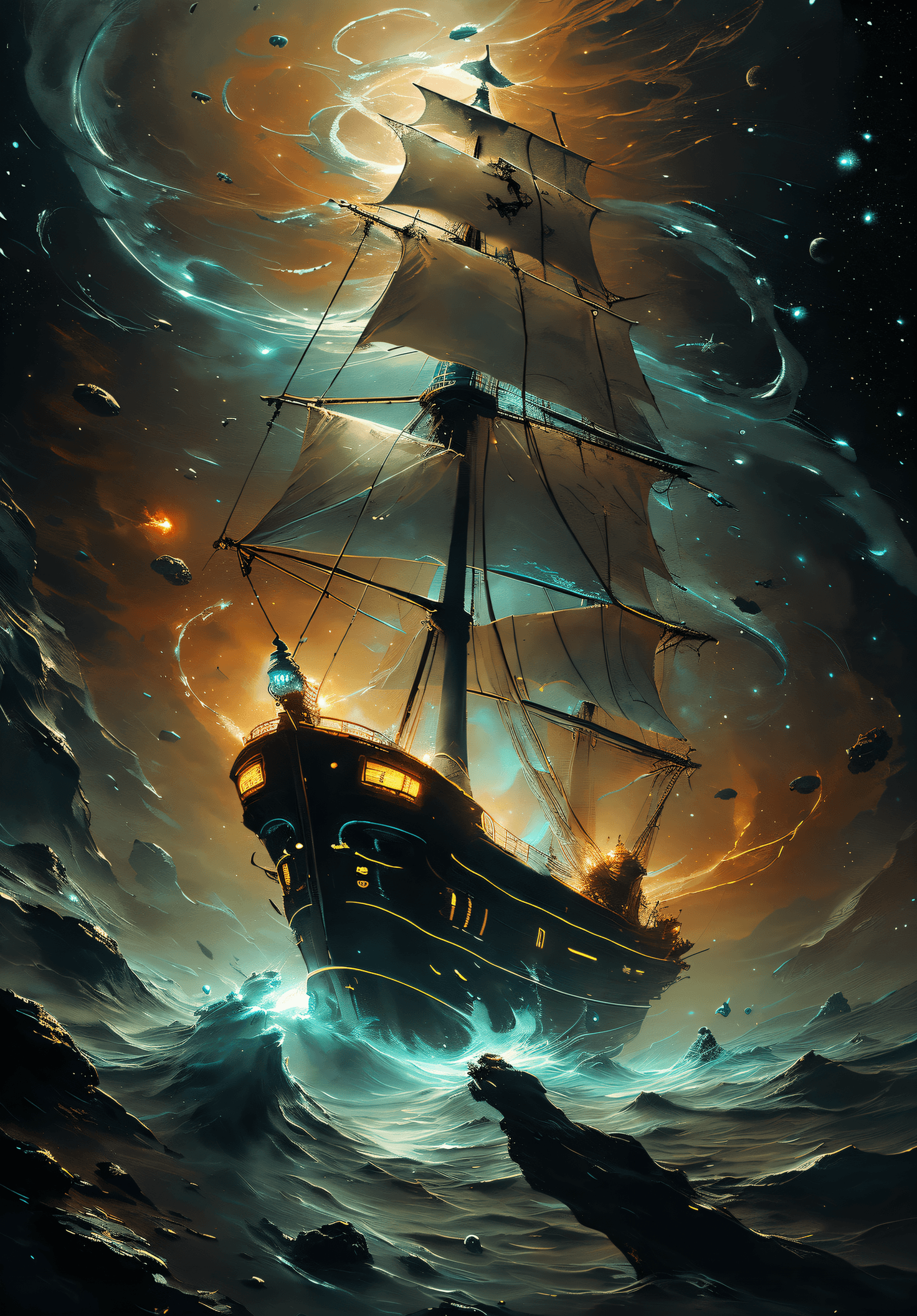 AI generated: (Pirate ship sailing into a bioluminescence sea with a galaxy in the sky), epic, 4k, ultra, artwork ...