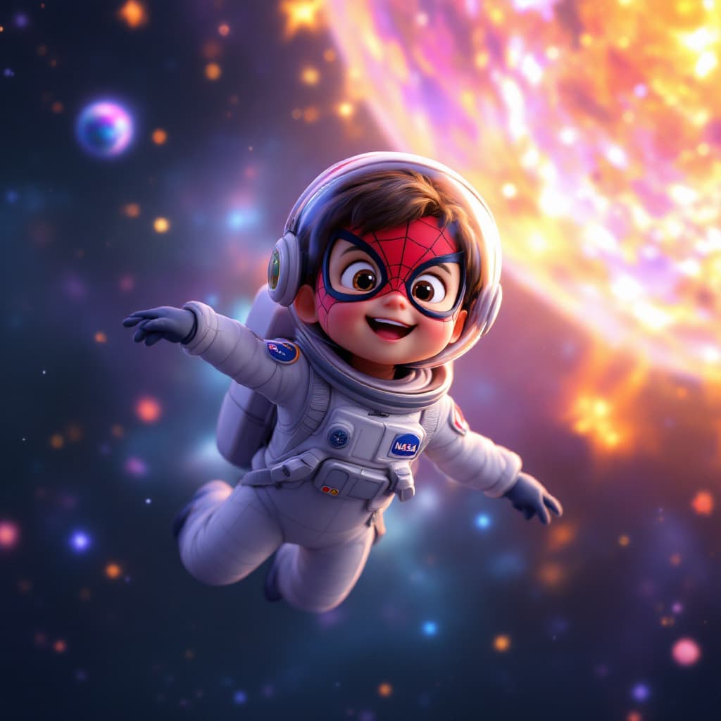 AI generated: "Create a Pixar-style 3D digital illustration of a 3-4-year-old child exploring space. The child is ...