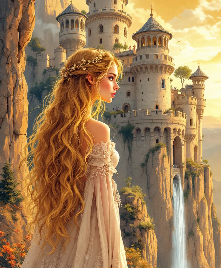 AI generated: Princess with Golden Hair in Tower A stunning princess with long golden hair stands near a fairytale...