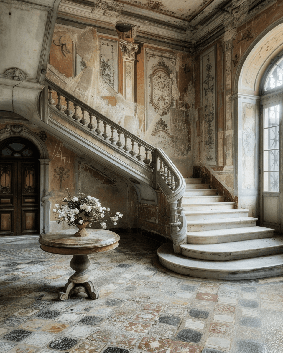 AI generated: An elegant staircase in an old Italian villa, with a marble patterned floor and a small round table ...