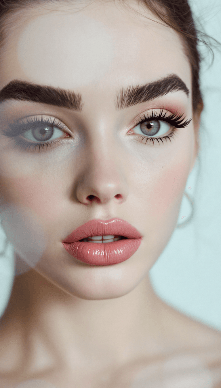 AI generated: Closeup frontal angle portrait photo of a young glamorous woman, with bold eyebrows and bold big pin...