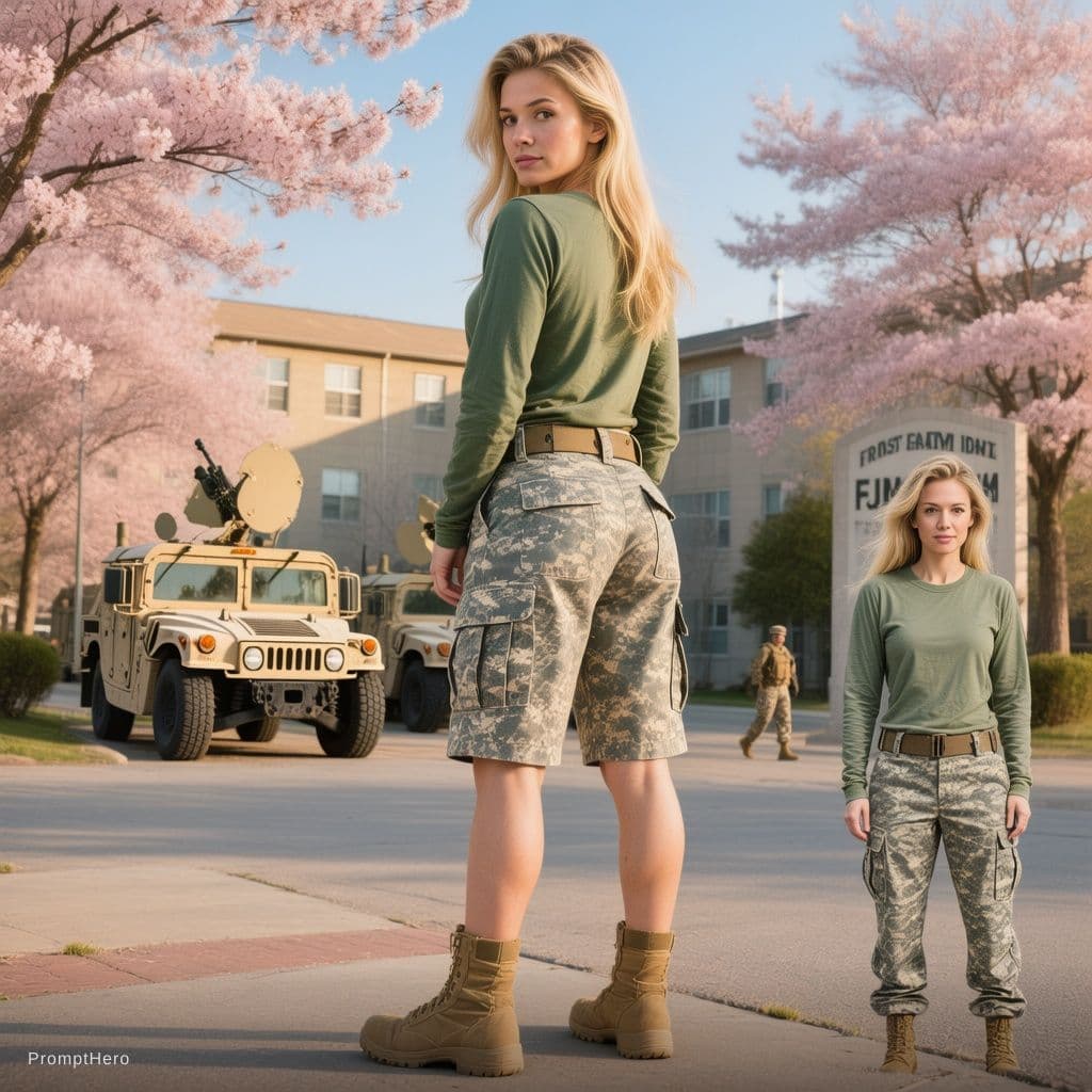AI generated: A detailed, full-body outdoor photograph captures the blonde woman from the original image in the id...