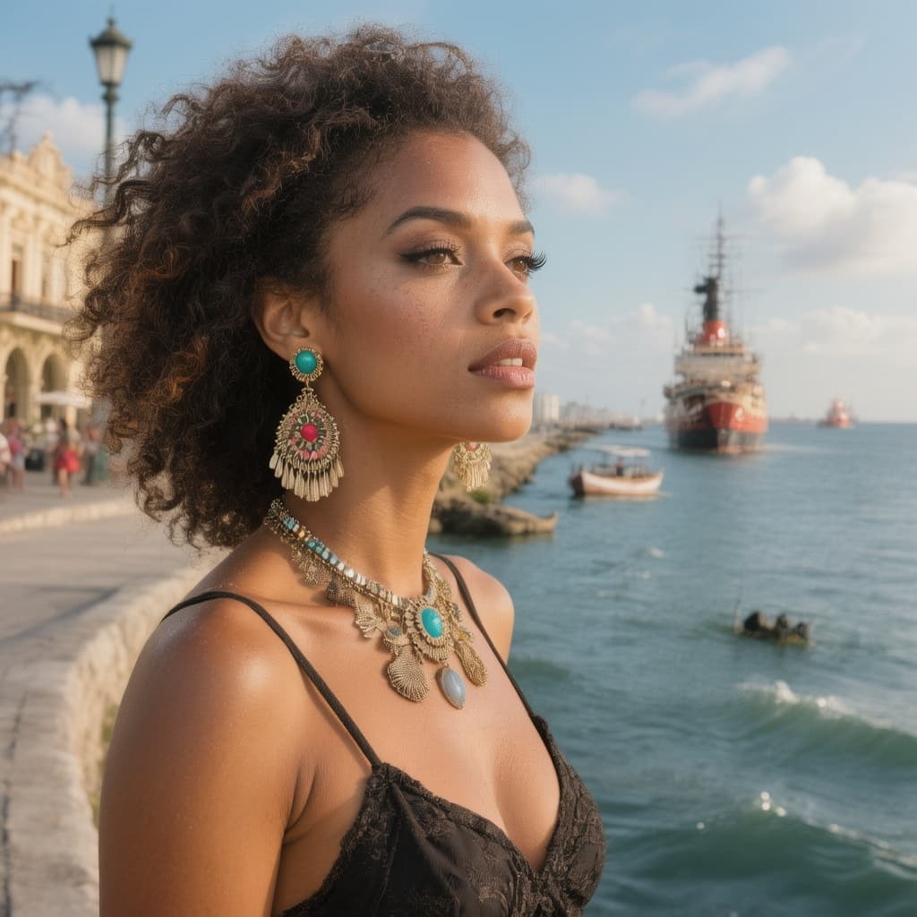 AI generated: una bella mulata paseando por el malecon de la habana